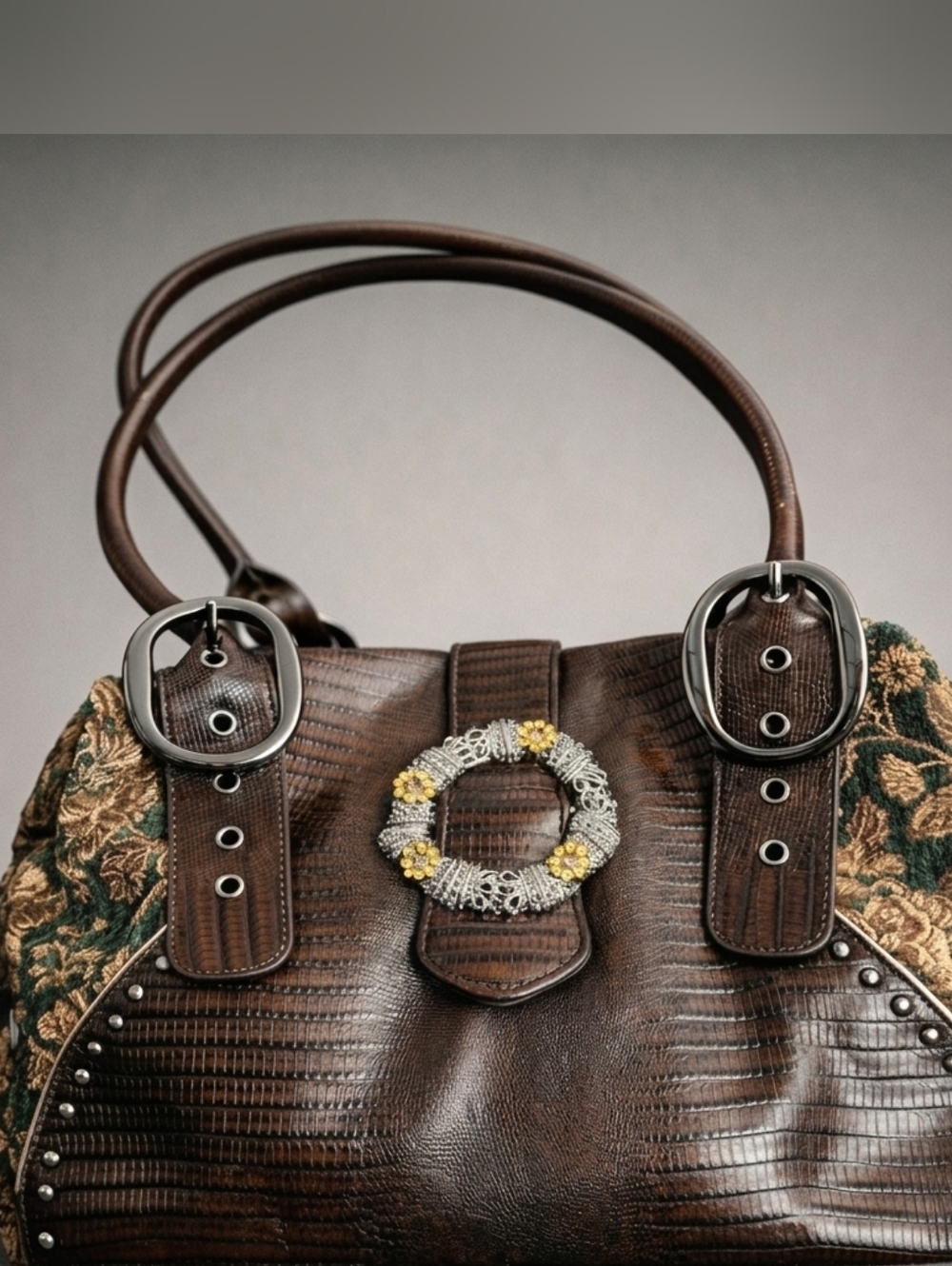 Vintage Sharif Studio Mixed‑Media Leather & Tapestry Shoulder Bag